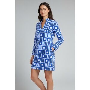 Mahi Gold Blue White Geometric Print V Neck Long Sleeve Tunic Dress X Large. NWT
